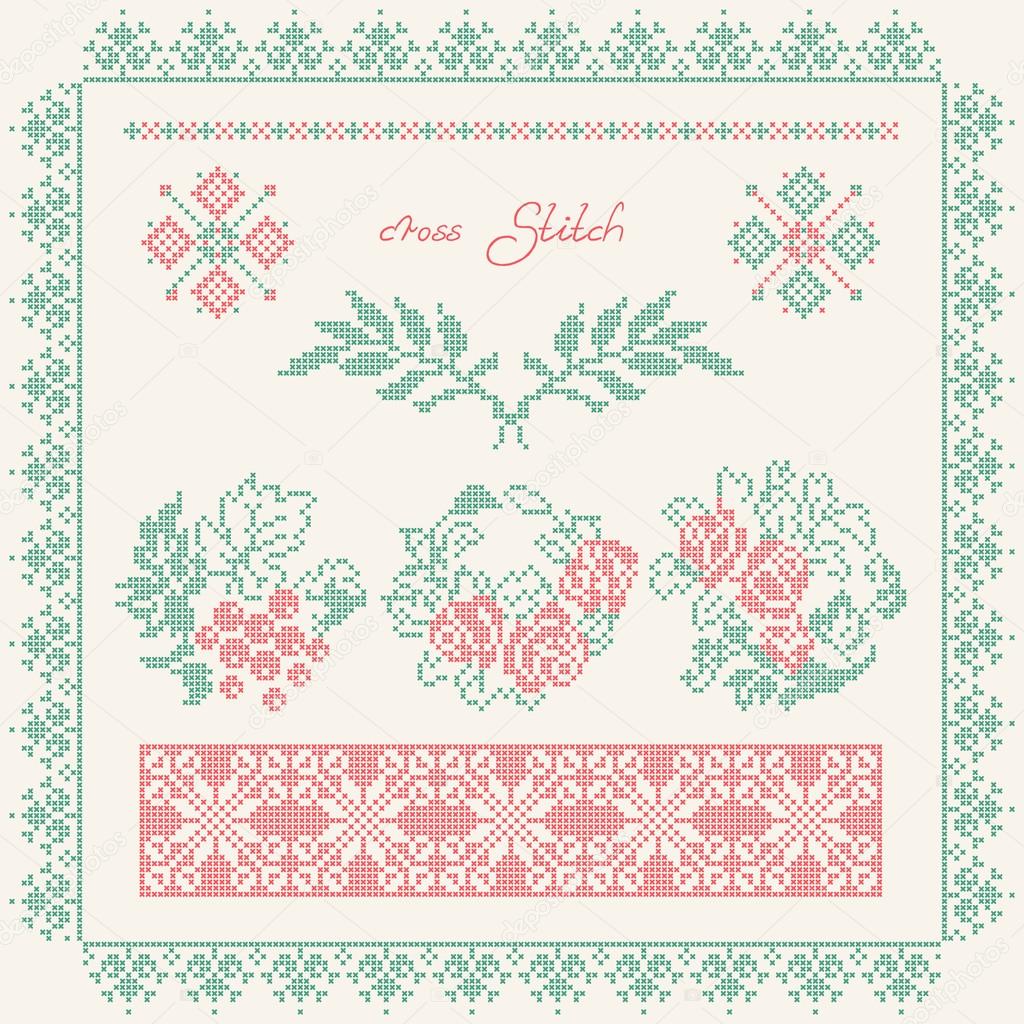 Cross stitch. Embroidered frame in folk style. — Stock Vector