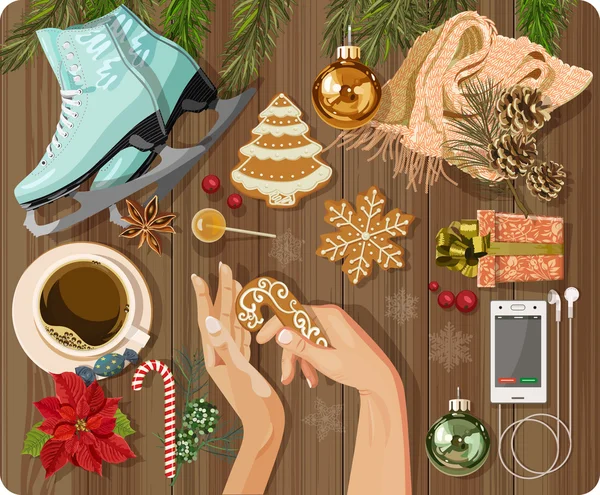 Workplace concept. Top view with textured table, skating, gingerbread, fir branches, Christmas toys, balls, hands, Christmas decorations, snowflakes, coffee cup, candy, lollipop, flower, gift — Stock Illustration Workplace concept. Top view with textured table, skating, gingerbread, fir branches, Christmas toys, balls, hands, Christmas decorations, snowflakes, coffee cup, candy, lollipop, flower, gift Stock Vector