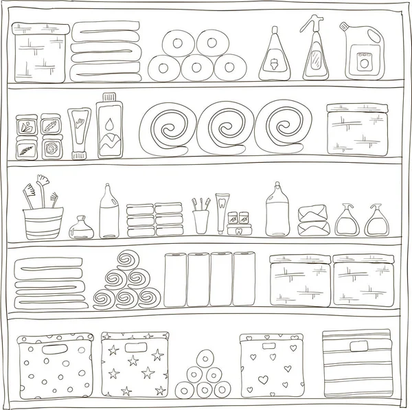 Aksesuarlı banyo rafları. El çizimi vektör illüstrasyonu.