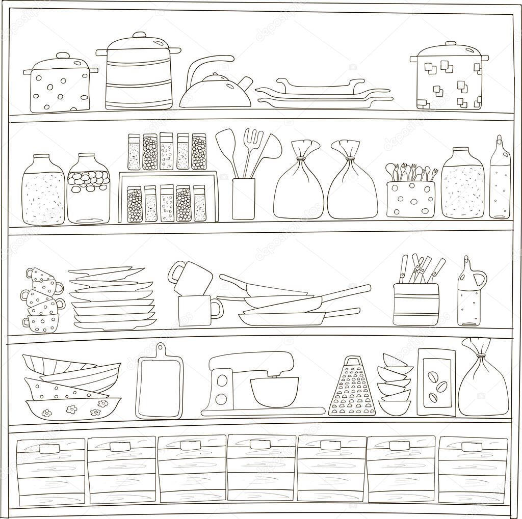 Kitchen shelves with kitchenware. Hand drawn doodle illustration.