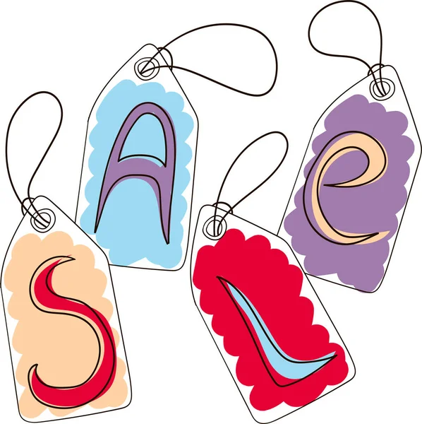 Satış başlıklı etiketler. El çizimi karalama çizimi.