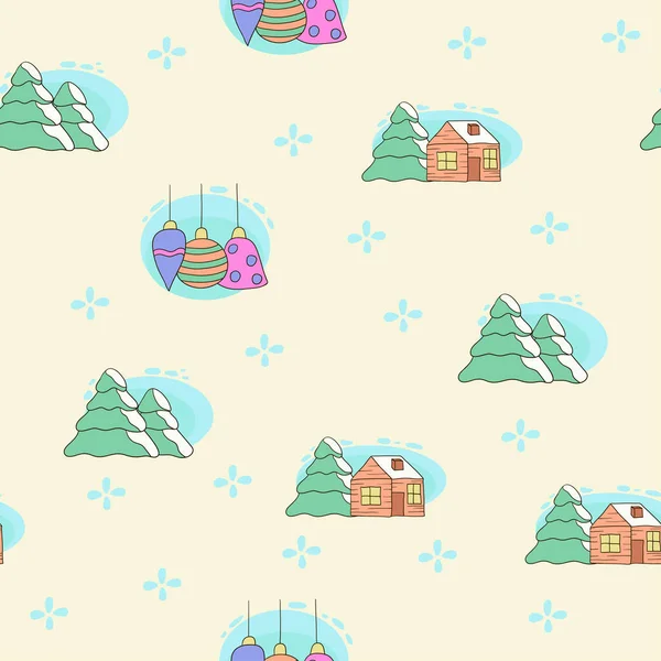 Noel karalaması ağaç, ev ve Noel oyuncağıyla kusursuz vektör deseni.