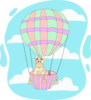 İnek ve küçük fare sıcak hava balonunda uçuyor..