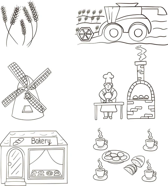 Buğday hasadından öğütme ve pişirmeye kadar fırın üretimi. Vektör illüstrasyonu.