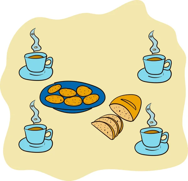 Fırın ürünleriyle çay. El çizimi vektör illüstrasyonu.