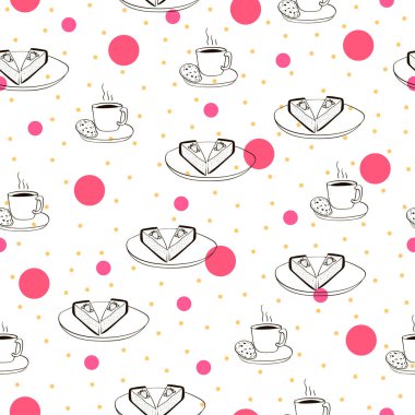 Bir fincan çay ve cheesecake ile kusursuz desenli vektör karalaması