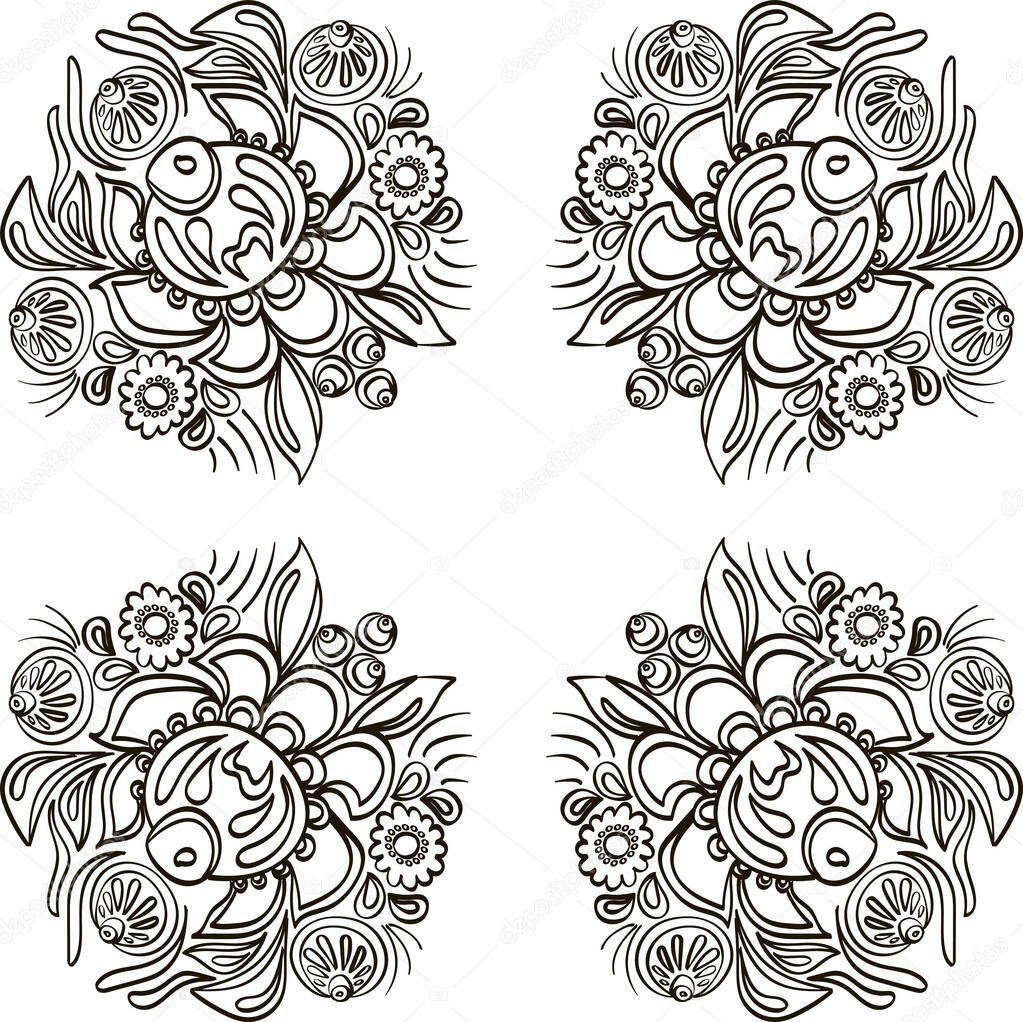 Vector doodle black and white illustration with Russian traditional Gorodets painting.