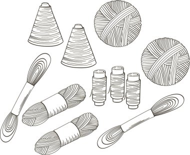 Set yarn for knitting and thread. Vector hand drawn black and white illustration. vector Set yarn for knitting and thread. Vector hand drawn black and white illustration. vector