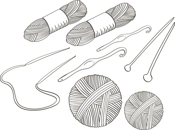 İplik ve iğneler, vektör karalama eli siyah ve beyaz çizim.