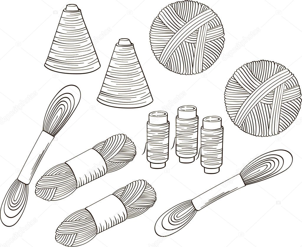 Set yarn for knitting and thread. Vector hand drawn black and white illustration.