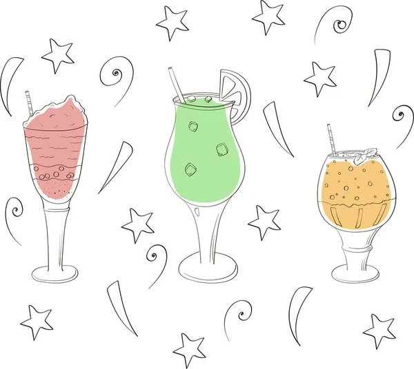 Conjunto Cocktails Ilustração Doodle Vetorial — Vetor de Stock