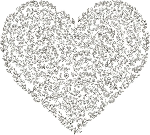 Kalp şeklinde çiçek karalaması. Siyah ve beyaz vektör çizimi.