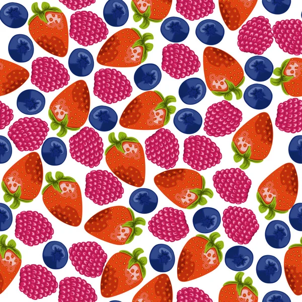 Gerçekçi dutların kusursuz deseni: çilek, yabanmersini, ahududu. Çizgi film vektör illüstrasyonu.