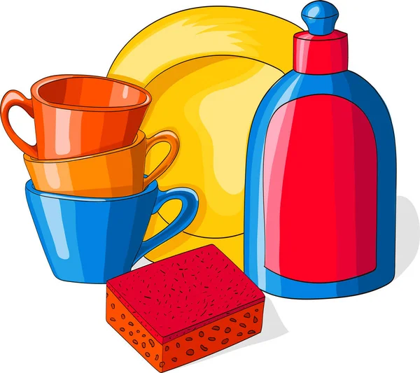 Temiz tabak, sünger ve sabun. Çizgi film biçimi vektör illüstrasyonu