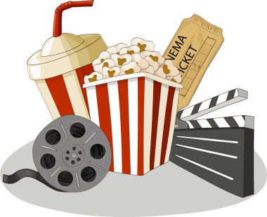 Sinema objelerinin bileşimi, patlamış mısır, kola, bilet, klaket, film. Çizgi film biçimi vektör illüstrasyonu.