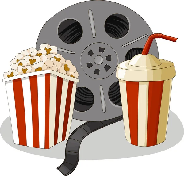 Sinema objelerinin bileşimi, patlamış mısır, kola, film. Çizgi film biçimi vektör illüstrasyonu.