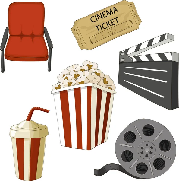 Sinema objeleri seti, patlamış mısır, kola, bilet, kolluk, film, klaket. Çizgi film biçimi vektör illüstrasyonu.