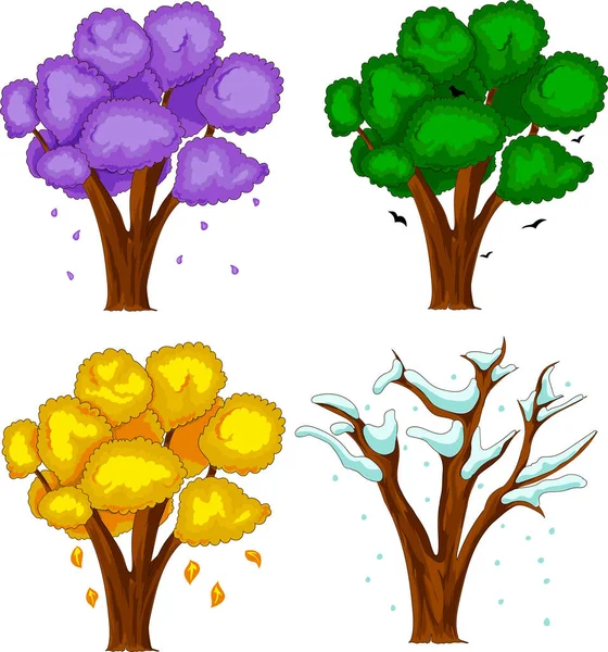 Dört mevsimde ağaç. Çizgi film biçimi vektör illüstrasyonu.