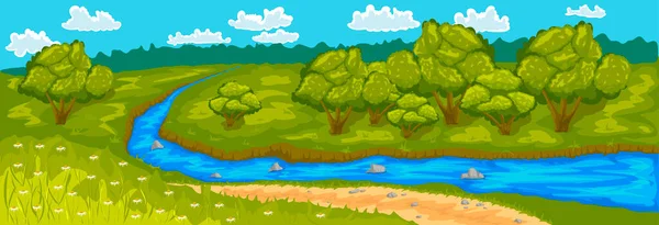 Ağaçlarla, nehirlerle, yollarla dolu yaz manzarası. Çizgi film biçimi vektör illüstrasyonu.