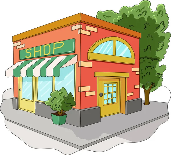 Bakış açısına göre bir dükkan. Çizgi film biçimi vektör illüstrasyonu.