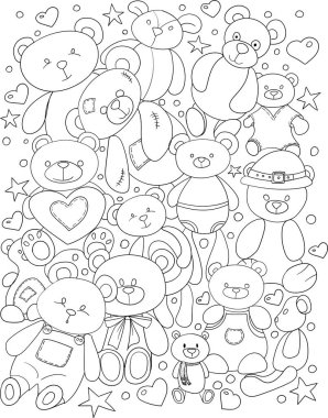 Karalama tarzında oyuncak ayılar. Vektör renklendirme sayfası.