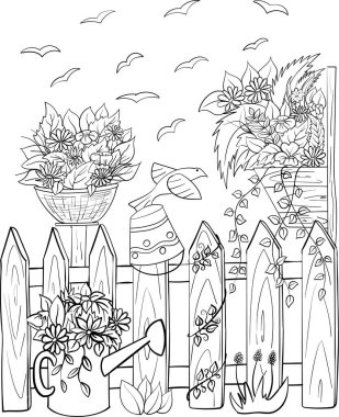 Çiçeklerle, çamurluklarla, kuşlarla dolu kırsal bir yer. Vektör renklendirme sayfası.