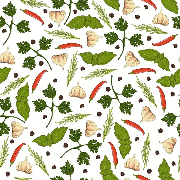 Baharat ve bitkilerle kusursuz desen. Çizgi film biçimi vektör illüstrasyonu.
