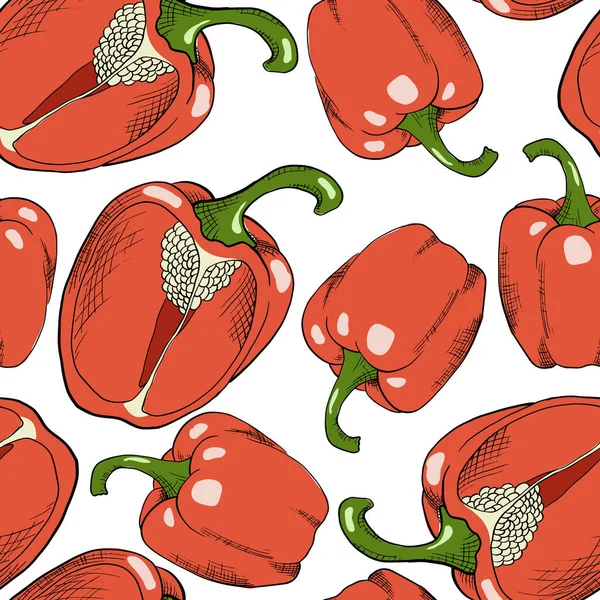 Paprika, beyaz arka planda dikişsiz biber deseni. Sanatsal biçim vektör çizimi.