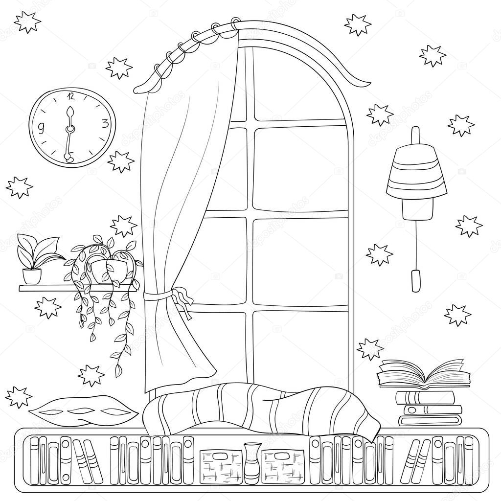 Chill room or cozy bedroom coloring page.