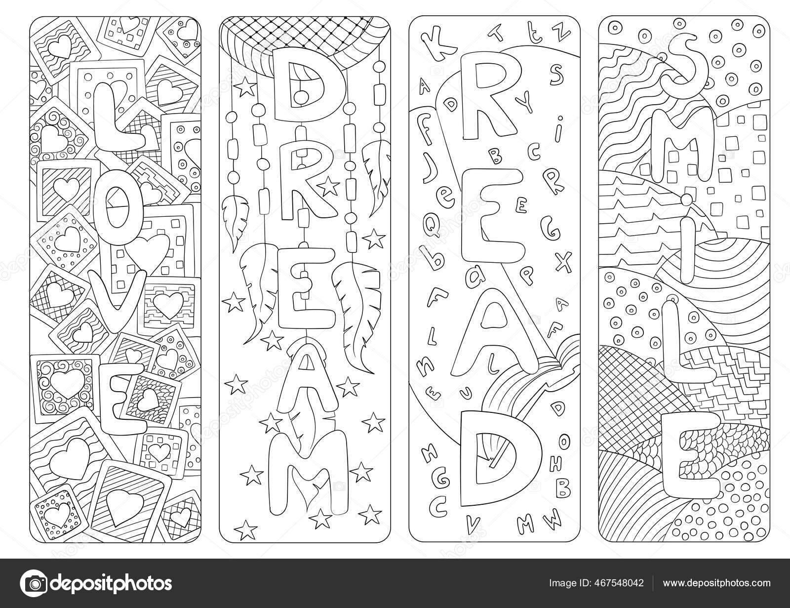 Set Von Vier Lesezeichen Zum Ausmalen Mit Liebe Traum Lesen Stock
