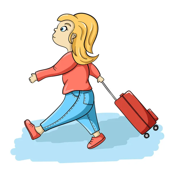 Mädchen Geht Mit Koffer Vektorillustration Cartoon Stil — Stockvektor