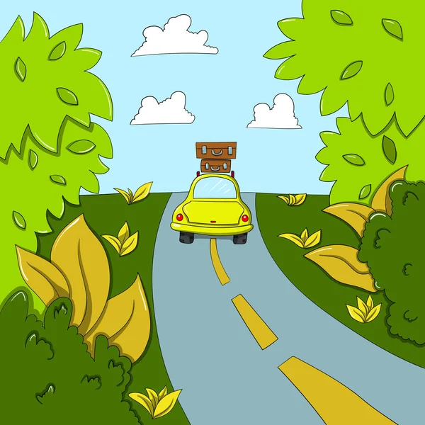 Yaz gezisi arabayla, trevelling araba. Çizgi film biçimi vektör illüstrasyonu.