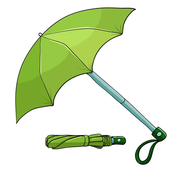 Beyaz arka planda açık ve katlanmış yeşil katlanır şemsiye. Çizgi film biçimi vektör illüstrasyonu.
