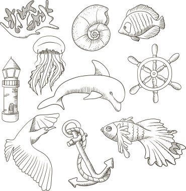 Çizgi sanat vektör el karalamaları deniz kabukları, yunus, deniz feneri, balıklar, denizanası, çapa, mercan