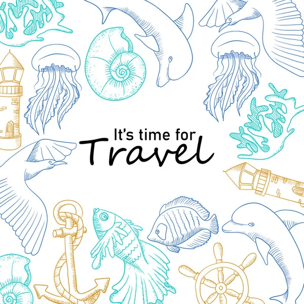 Denizanası, deniz kabuğu, yunus, deniz feneri, çapa, balık, martı desenli deniz okyanusu kartpostalı tasarımı. Çizgi sanatı renk vektörü çizimi /