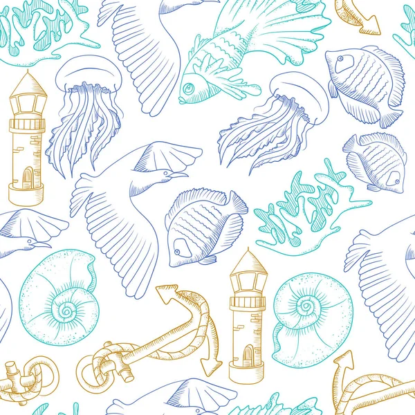 Denizanası, deniz kabuğu, deniz feneri, çapa, martı, balık, mercan desenleri. Çizgi sanatı rengi karalama çizimi /