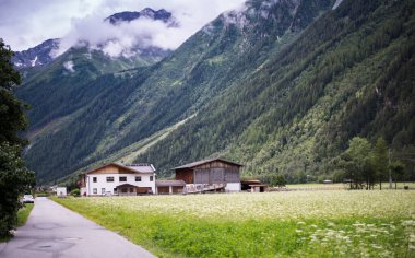 Avusturya Alpleri. Dağ manzarası. Güney Tyrol 'da Avusturya köyü hayatı.