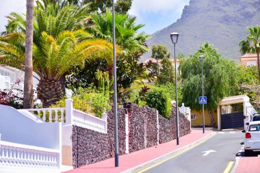 Deniz kenarındaki İspanyol şehri. Çiçekli sessiz bir cadde. Ufuktaki dağlar.