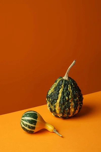Dwie Wymyślne Dynie Różnej Wielkości Pomarańczowej Powierzchni Pomarańczowym Tle Nowoczesne — Zdjęcie stockowe