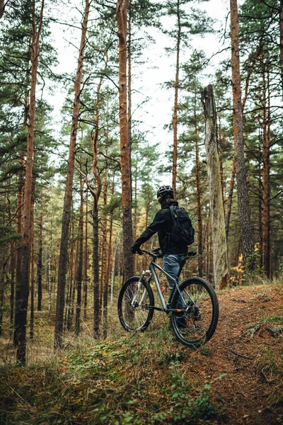 年轻男子山地自行车手 骑着自行车沿着森林小径 骑Mtb自行车 — 图库照片