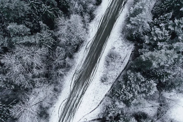 Ponto Vista Drone Árvores Florestais Cobertas Neve Paisagem Congelada Inverno — Fotografia de Stock