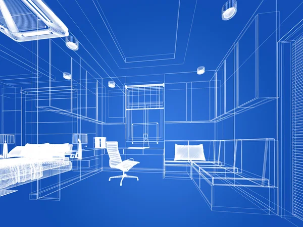 Projeto do esboço da sala de estar, renderização do quadro 3dwire — Fotografia de Stock