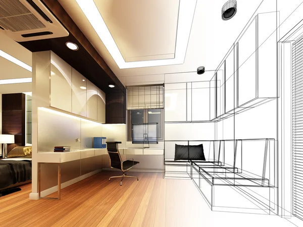 Эскизный дизайн гостиной, 3dwire frame render — стоковое фото