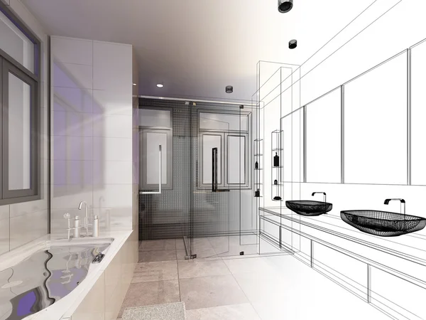 3D vykreslování abstraktní načrtnout návrh interiéru koupelny — Stock fotografie