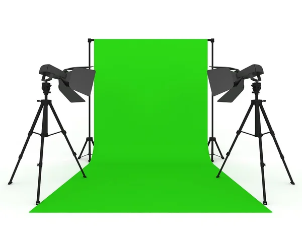 Фотостудия с зеленым экраном и световым оборудованием, изолированным на белом фоне — стоковое фото