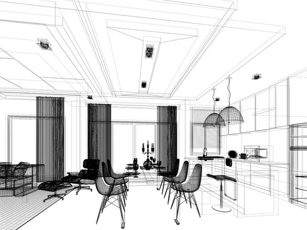 Schizzo astratto progettazione di sala da pranzo e cucina interna, 3d — Foto Stock