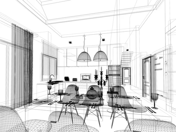 Streszczenie szkic projektu wnętrz jadalnia i kuchnia pokój, 3d — Zdjęcie stockowe