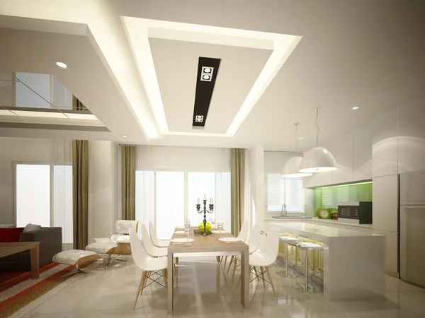 3d rendering ruang makan interior dan dapur, 3d — Stok Foto