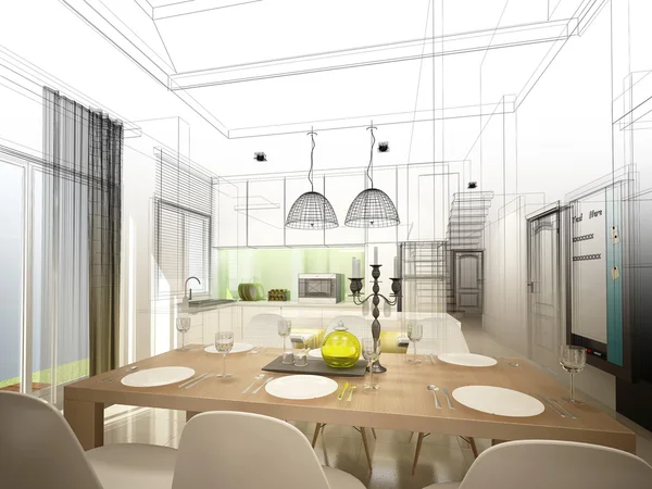 Desain sketsa abstrak ruang makan interior dan dapur, 3d — Stok Foto