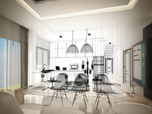 Diseño de boceto abstracto de comedor interior y sala de cocina, 3d — Foto de Stock